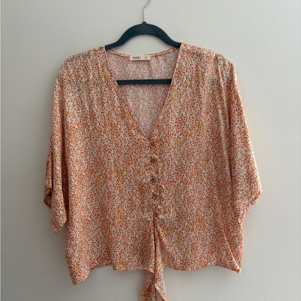Sozy Tencel Sierra Top Button-Front Tie Blouse Ivory Orange Sage